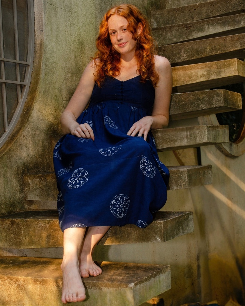 STRAPPY DRESS, DARK BLUE, BATIK ROUNDFLOWER, COTTON