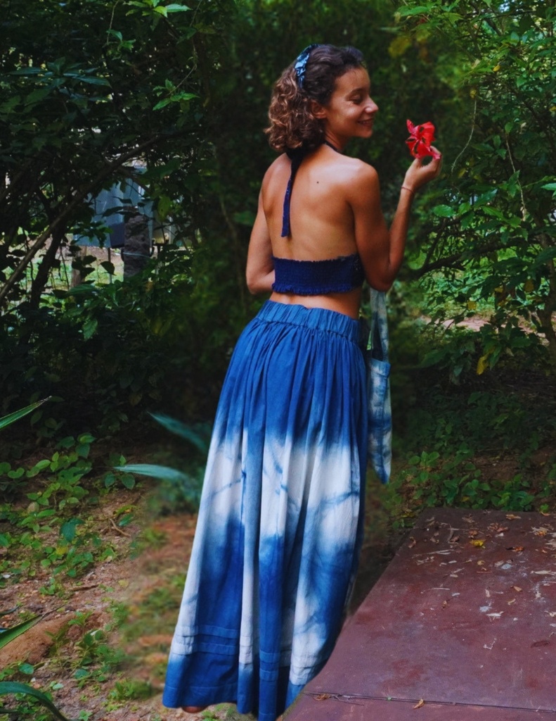 ELASTIC SKIRT, BLUE-WHITE, SHIBORI, COTTON