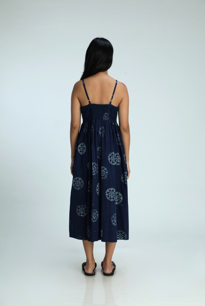 STRAPPY DRESS, DARK BLUE, BATIK ROUNDFLOWER, COTTON