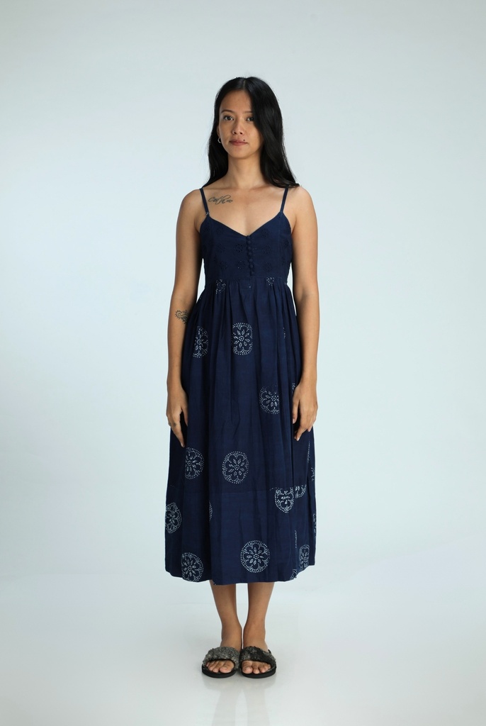 STRAPPY DRESS, DARK BLUE, BATIK ROUNDFLOWER, COTTON