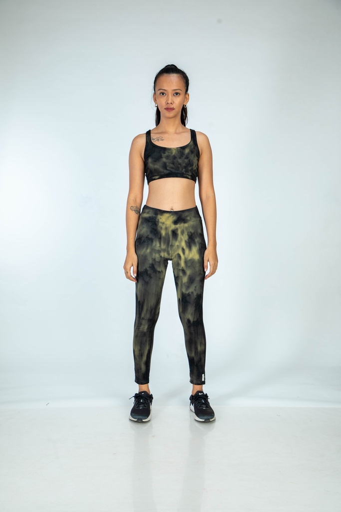 YOGA LEGGINGS, GREEN-KHAKI, SHIBORI CRUSHING, COTTON